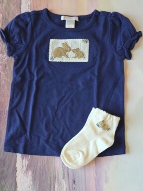 Janie and Jack Toddler Girl Navy Short Sleeve Tee with Bunny Patch & Socks
